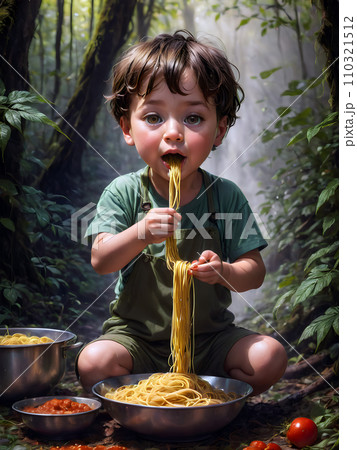 A cute little boy sits in the forest, using his hands to scoop spaghetti into his mouth.. 110321512