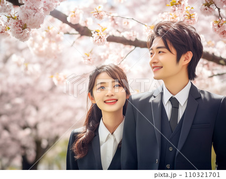 満開の桜とリクルートスーツの笑顔の男女 110321701
