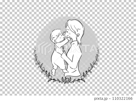 Black and white illustration of a woman holding a baby and flowers 110322166