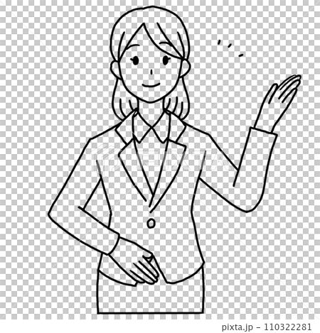 Line drawing illustration of a woman in a suit guiding Line drawing illustration of a woman in a suit guiding 110322281
