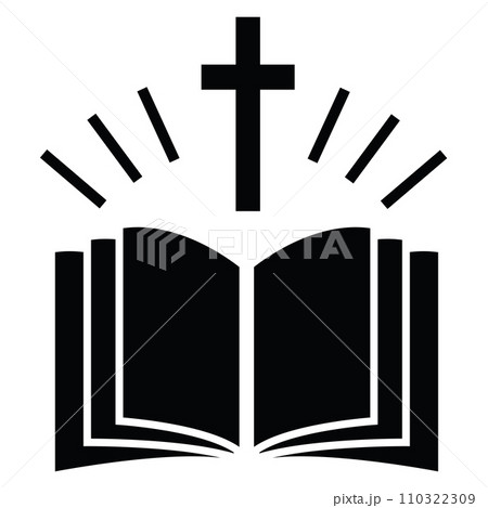 Emblem with Holy Bible and cross icon. religious community sign. Open Bible the holy book of Christians symbol. flat style. Emblem with Holy Bible and cross icon. religious community sign. Open Bible the holy book of Christians symbol. flat style. 110322309
