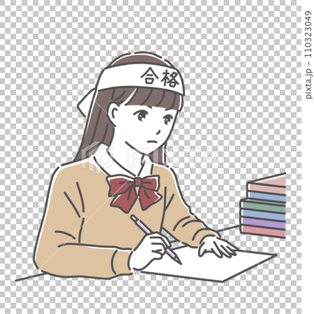 Illustration material of a high school girl studying while wearing a headband 110323049