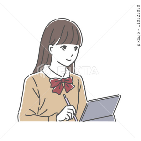 タブレットで勉強をする女子生徒のイラスト素材 110323050