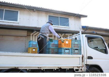 男性がトラックの上でコンテナを積み上げている 男性がトラックの上でコンテナを積み上げている 110323306