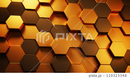 Metallic golden hexagonal block abstract background for digital and technology themes 110323348