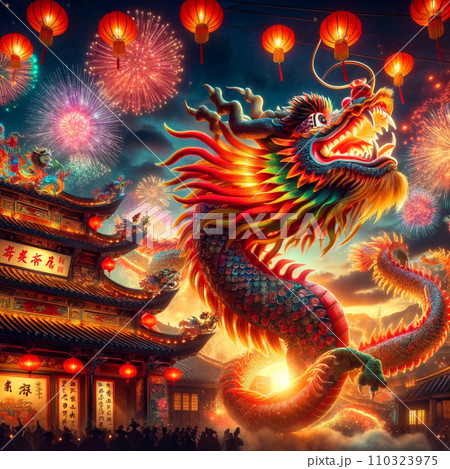 中華　新年　正月の風景　2024年辰年　龍 110323975