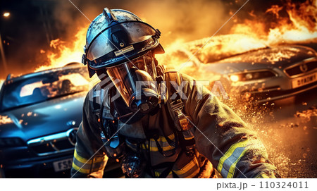 火災現場で働く消防士・自衛隊・レスキュー隊員のアジア人男性 火災現場で働く消防士・自衛隊・レスキュー隊員のアジア人男性 110324011