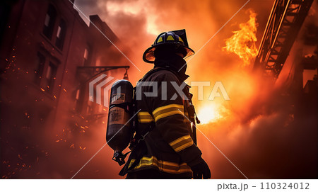 火災現場で働く消防士・自衛隊・レスキュー隊員のアジア人男性 110324012