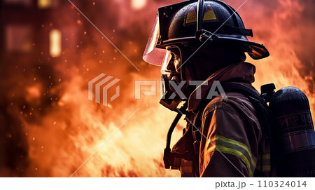 火災現場で働く消防士・自衛隊・レスキュー隊員のアジア人男性 110324014