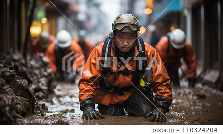 土砂崩れ・災害時のレスキュー隊・自衛隊・人命救助をするアジア人男性 110324204
