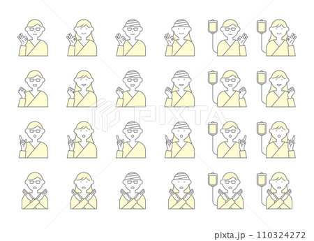 患者　人物　アイコン　イラスト　セット　表情　ジェスチャー　手術着　上半身　男性　女性　包帯 110324272