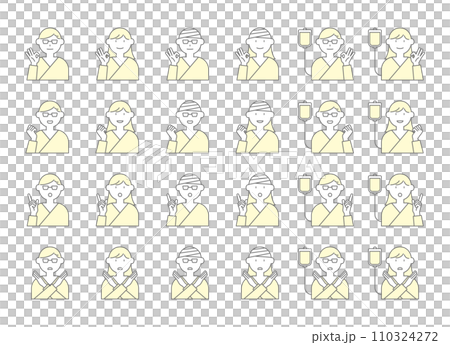 Patient person icon illustration set facial expression gesture surgical gown upper body male female bandage 110324272