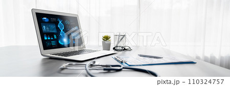 Genetic disease in DNA research on laptop screen in doctor office. Neoteric 110324757
