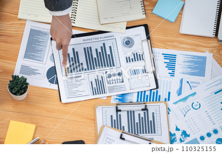 Flat top view analyst team use BI dashboard for data analysis. Concord 110325155