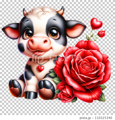 Cute Cow with Rose Flower Watercolor Clipart isolated on Transparent Background, Valentines Animal with Flowers Clipart. Cute Cow with Rose Flower Watercolor Clipart isolated on Transparent Background, Valentines Animal with Flowers Clipart. 110325340
