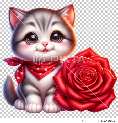 Cute Kitten with Rose Flower Watercolor Clipart isolated on Transparent Background, Valentines Animal with Flowers Clipart. 110325633