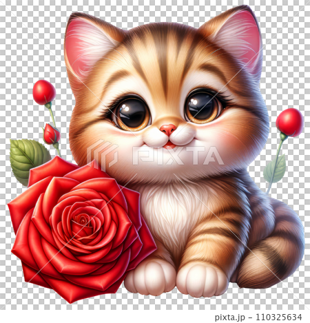 Cute Kitten with Rose Flower Watercolor Clipart isolated on Transparent Background, Valentines Animal with Flowers Clipart. 110325634