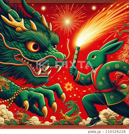 Rabbit passes the relay baton to dragon in red background  110326226