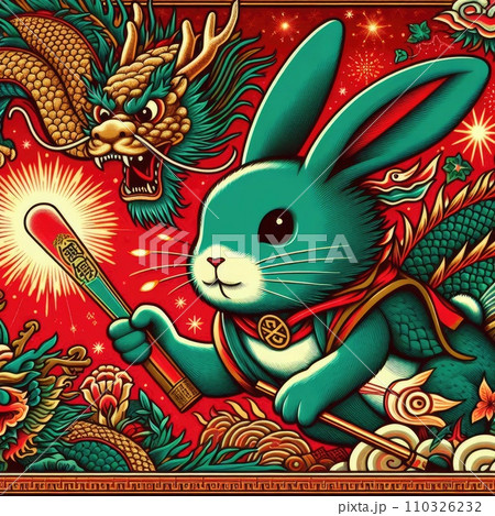 Rabbit passes the relay baton to dragon in red background  110326232