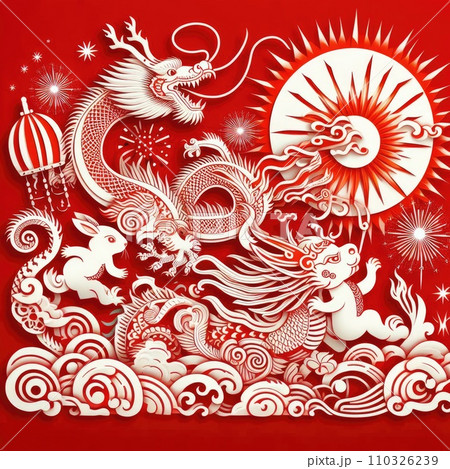 Rabbit passes the relay baton to dragon in red background Rabbit passes the relay baton to dragon in red background 110326239