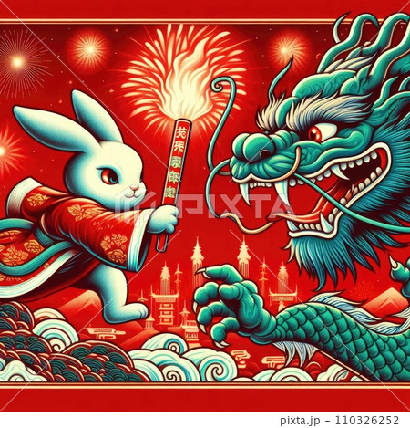 Rabbit passes the relay baton to dragon in red background Rabbit passes the relay baton to dragon in red background 110326252