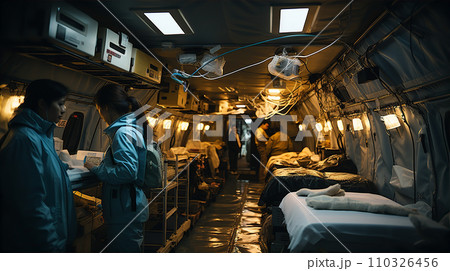 被災地で移動病院・救急車を提供する自衛隊の医療従事者・DMAT・災害派遣医療チーム・災害支援ナース 被災地で移動病院・救急車を提供する自衛隊の医療従事者・DMAT・災害派遣医療チーム・災害支援ナース 110326456
