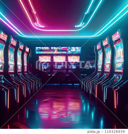 Video Arcade interior with neon light  110326939