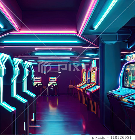Video Arcade interior with neon light  110326951