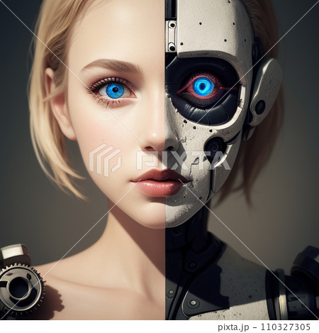 顔の半分がアンドロイドと女性に分かれているイラスト,generative ai 110327305