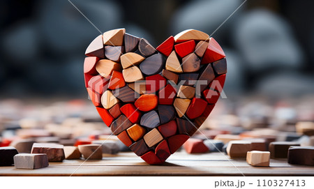 Lively heart-shaped illustrations made from small pieces of wood are displayed prominently. It is like a mind that is taken care of and created with warmth, allowing a person to live a strong life. 110327413