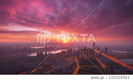 Beautiful pink sunset in the big city 110328561