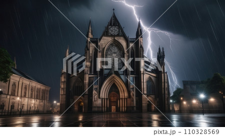 Beautiful cathedral in the storm with the lightning in the background 110328569