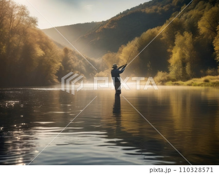 Fisherman fishing on lake or river. Picture of man doing active fishing with holding rod in hand. Stand alone in middle of river or lake. Serious concentrated guy fishing. 110328571