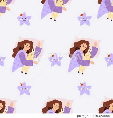 Seamless pattern with sleeping girl with plush rabbit toy on light background with stars. Vector illustration for design, wallpaper, packaging, textile 110328606