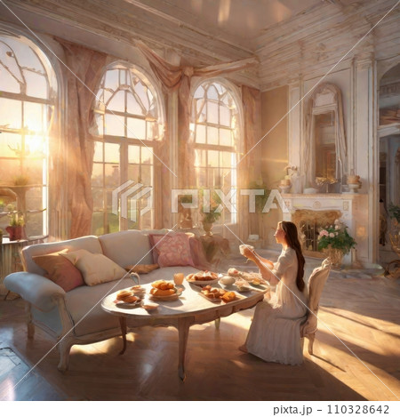 Serene picture of a young woman in the mansion serving breakfast 110328642