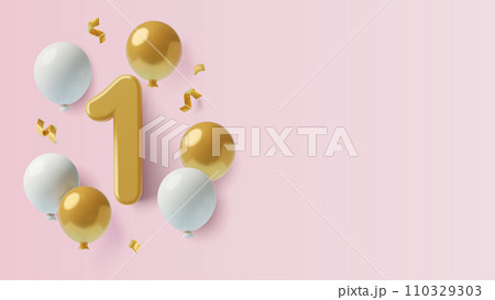 3D number 1 with balloons and confetti on pink background with copy space First baby girl's birthday 110329303