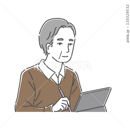 タブレットを使う年配の男性のイラスト素材 110329532