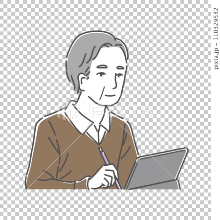 タブレットを使う年配の男性のイラスト素材 110329532