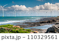 海岸から見る洋上風力発電の風車 110329561