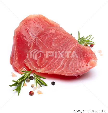 Fresh tuna Fish steak isolated on a white background Fresh tuna Fish steak isolated on a white background 110329615
