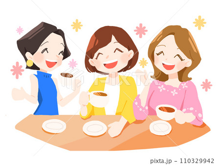 お茶を飲みながら女子会をするイラスト お茶を飲みながら女子会をするイラスト 110329942