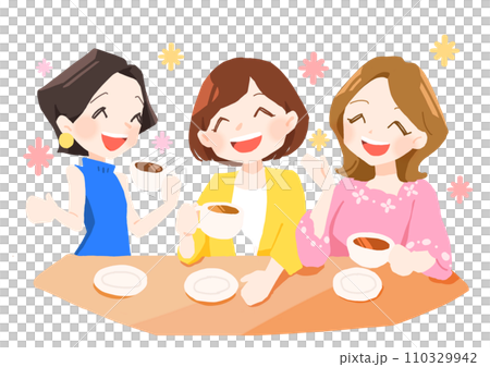 お茶を飲みながら女子会をするイラスト お茶を飲みながら女子会をするイラスト 110329942