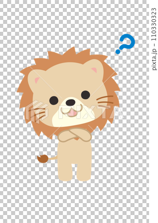 Illustration of a cute lion tilting its head in doubt, whole body, white background, vector clip art Illustration of a cute lion tilting its head in doubt, whole body, white background, vector clip art 110330323