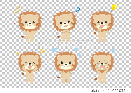 Cute lion illustration set with various expressions and poses Variations Vector White background Full body 110330334