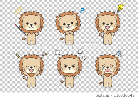 插圖集可愛的獅子，有各種表情和姿勢，變化，向量，白色背景，全身，帶有主線 110330345