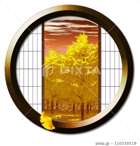 丸窓から見える夕暮れに染まる銀杏並木のある風景 110330519