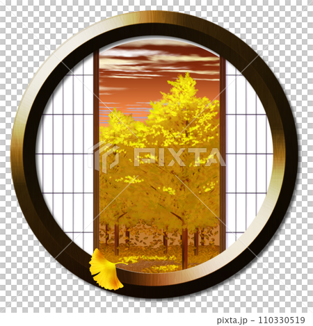 丸窓から見える夕暮れに染まる銀杏並木のある風景 110330519