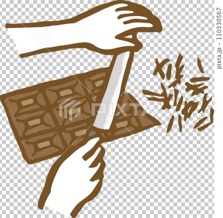 Hand-drawn illustration of hands chopping chocolate into pieces with a knife Hand-drawn illustration of hands chopping chocolate into pieces with a knife 110330567