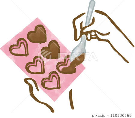 チョコレートをハートの型に流し入れる手元の手描きイラスト チョコレートをハートの型に流し入れる手元の手描きイラスト 110330569
