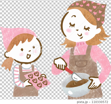 Hand-drawn illustration of a parent and child making chocolate for Valentine's Day 110330572